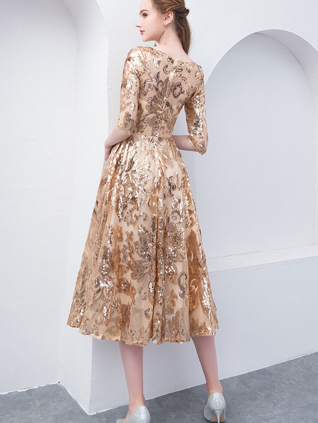 Gold Sequined Fit & Flare Midi Party Dress