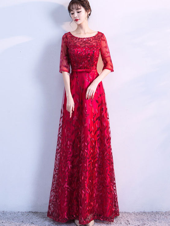 Sequined Blue Red A-Line Full Length Prom Dress