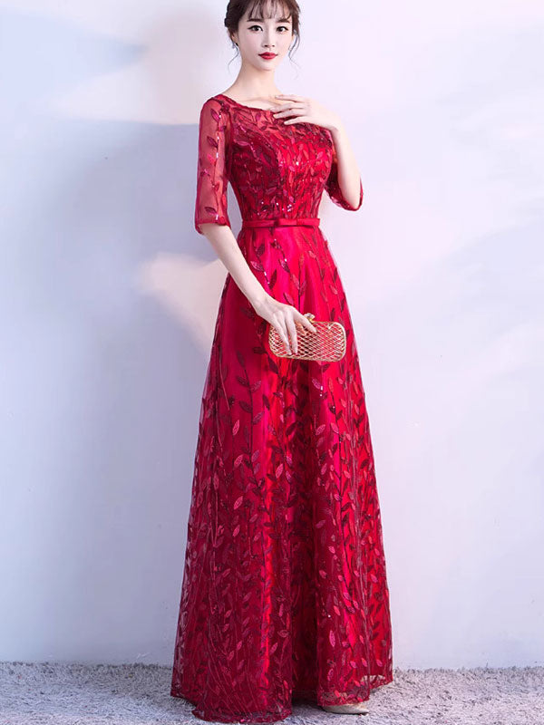 Sequined Blue Red A-Line Full Length Prom Dress