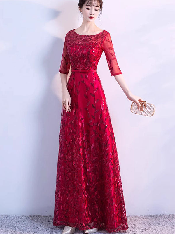 Sequined Blue Red A-Line Full Length Prom Dress