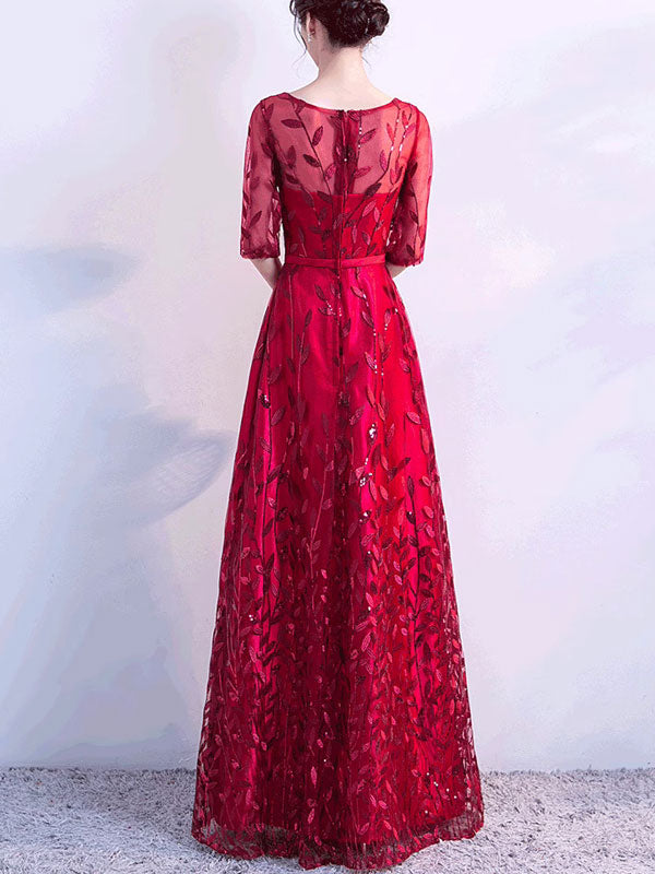 Sequined Blue Red A-Line Full Length Prom Dress