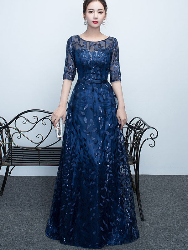 Sequined Blue Red A-Line Full Length Prom Dress