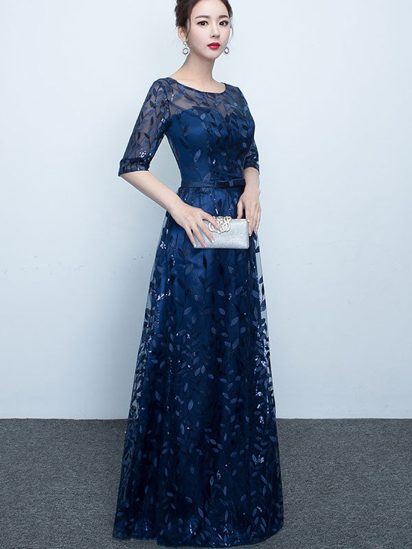 Sequined Blue Red A-Line Full Length Prom Dress