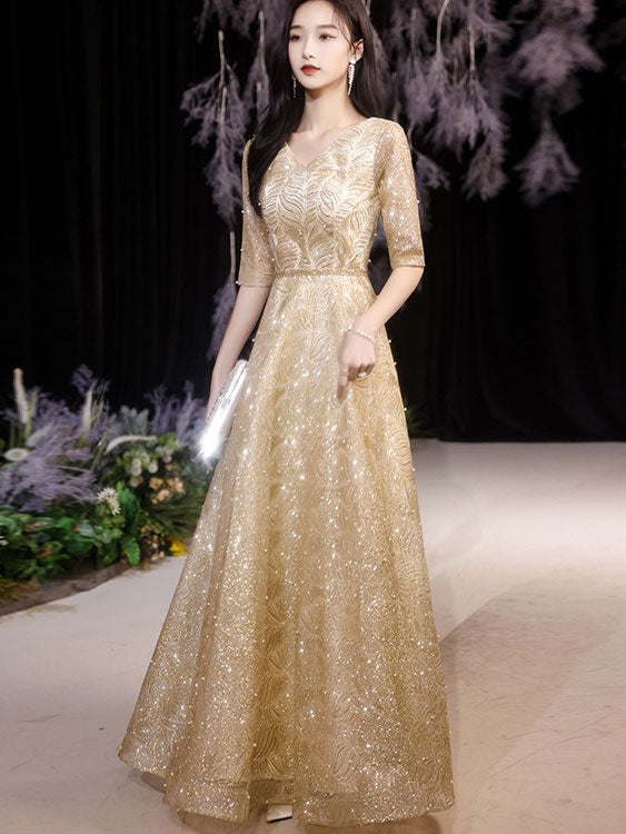 Gold Red Beaded Starry Full Length Fit & Flare Gown