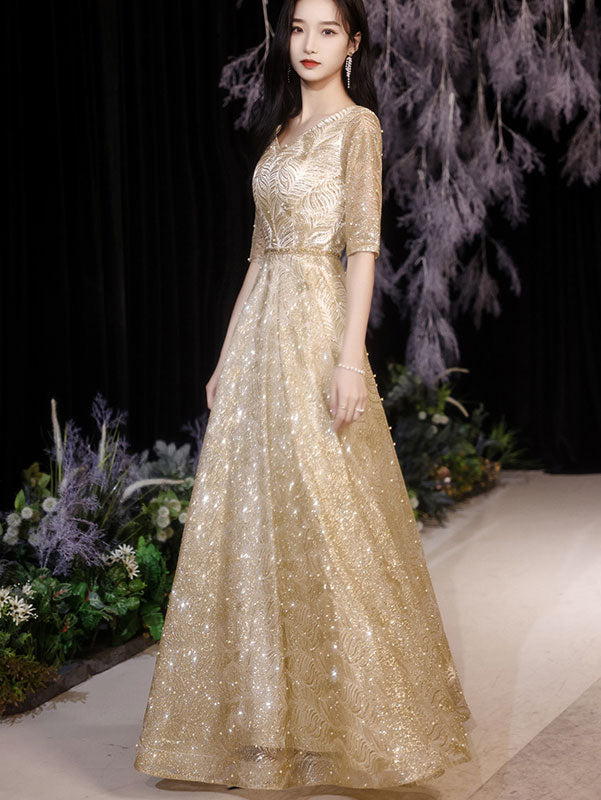 Gold Red Beaded Starry Full Length Fit & Flare Gown
