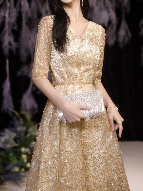 Gold Red Beaded Starry Full Length Fit & Flare Gown