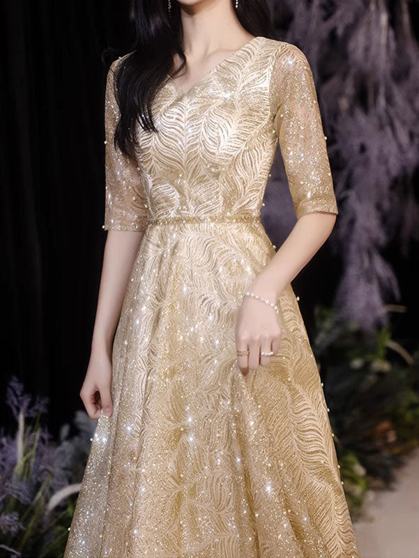 Gold Red Beaded Starry Full Length Fit & Flare Gown