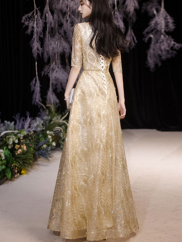 Gold Red Beaded Starry Full Length Fit & Flare Gown