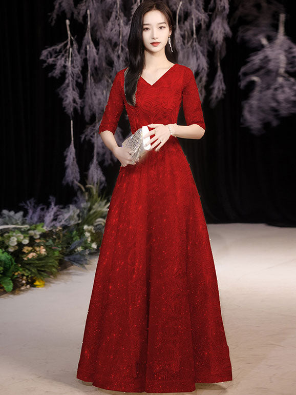 Gold Red Beaded Starry Full Length Fit & Flare Gown