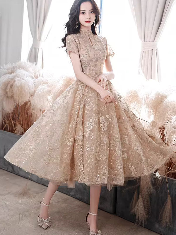 Champagne Floral Lace Fit & Flare Party Dress