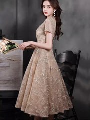 Champagne Floral Lace Fit & Flare Party Dress