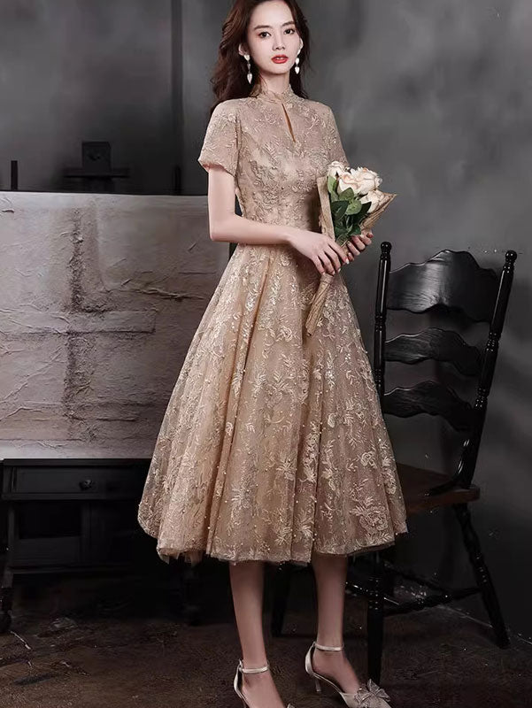 Champagne Floral Lace Fit & Flare Party Dress