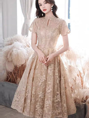Champagne Floral Lace Fit & Flare Party Dress