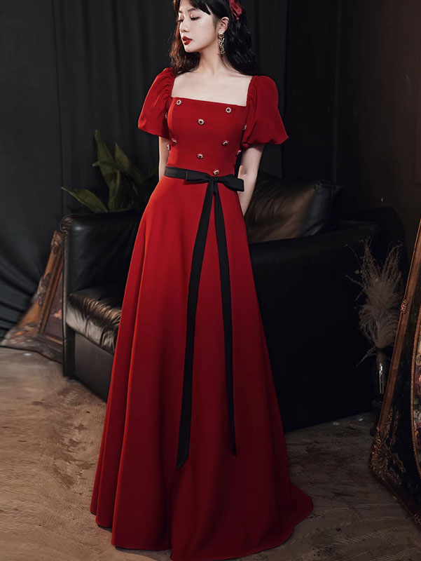 Red Square Neck Belt A-line Formal Bride Dress