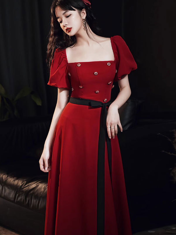 Red Square Neck Belt A-line Formal Bride Dress