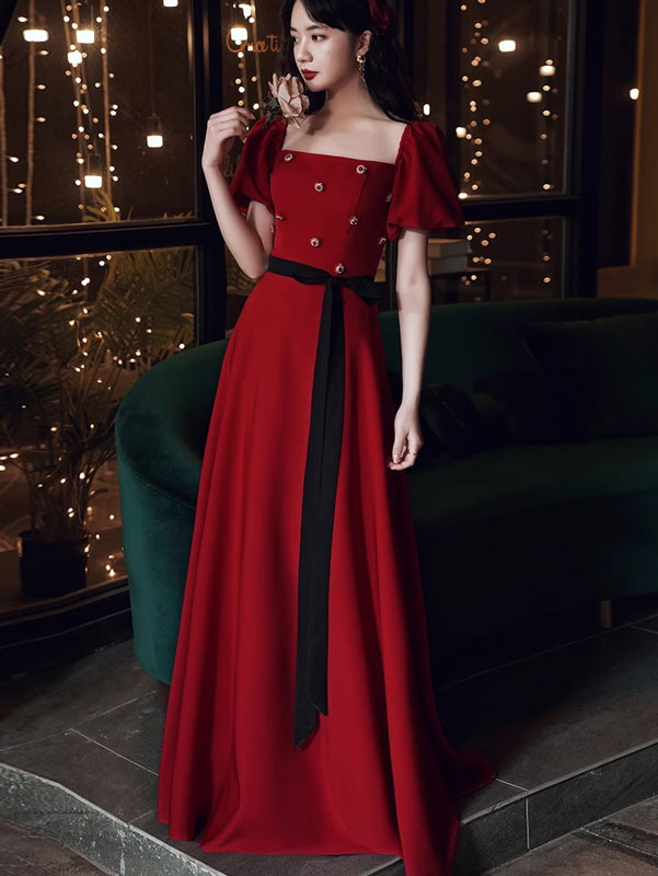 Red Square Neck Belt A-line Formal Bride Dress