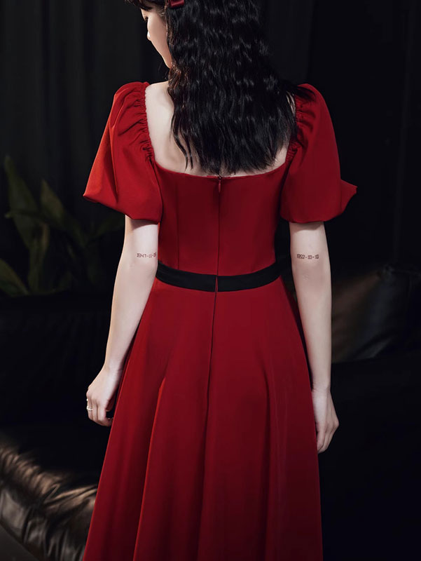 Red Square Neck Belt A-line Formal Bride Dress