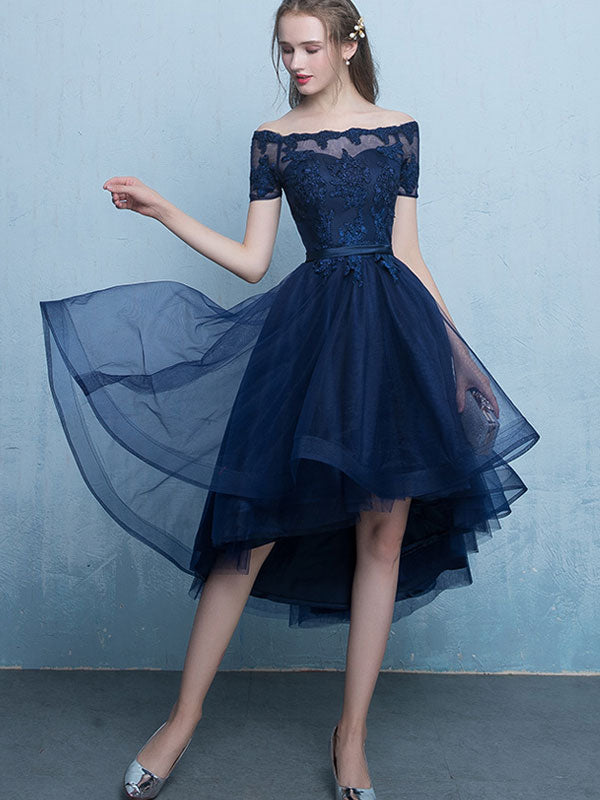 Blue Pink Off Shoulder Party Dress with High Low Hem