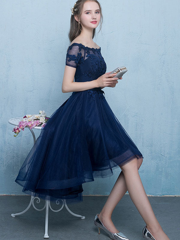 Blue Pink Off Shoulder Party Dress with High Low Hem