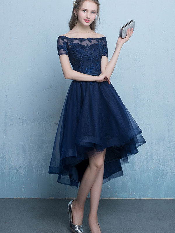 Blue Pink Off Shoulder Party Dress with High Low Hem