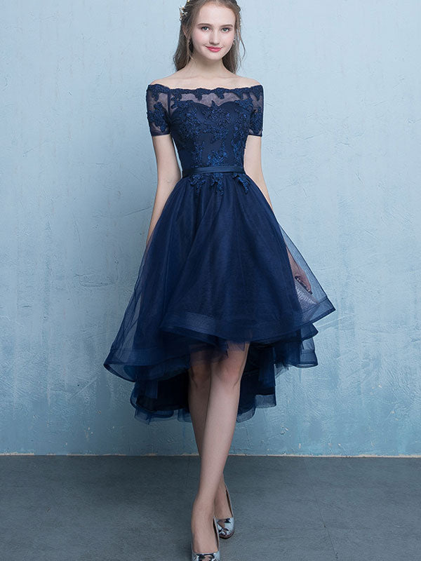 Blue Pink Off Shoulder Party Dress with High Low Hem