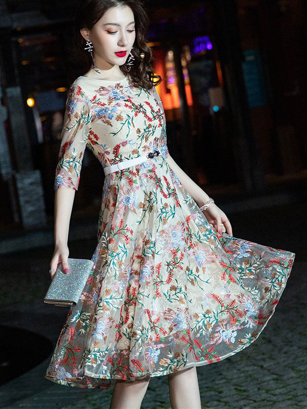 A-Line Illusion Embroidered Floral Evening Party Dress