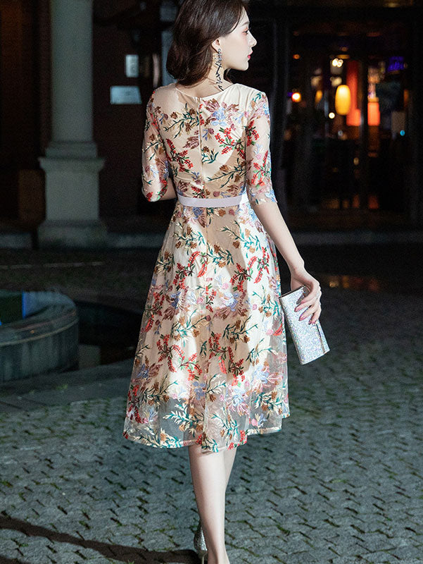 A-Line Illusion Embroidered Floral Evening Party Dress