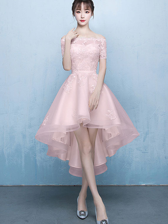 Blue Pink Off Shoulder Party Dress with High Low Hem