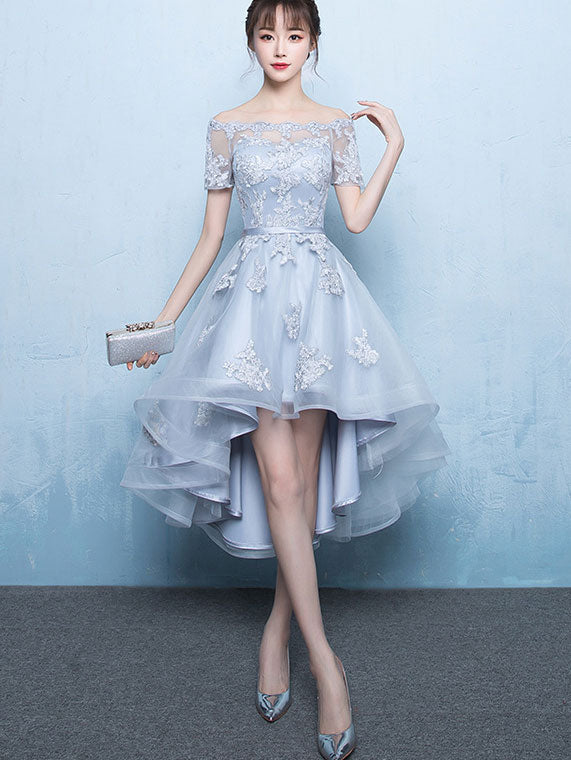 Blue Pink Off Shoulder Party Dress with High Low Hem