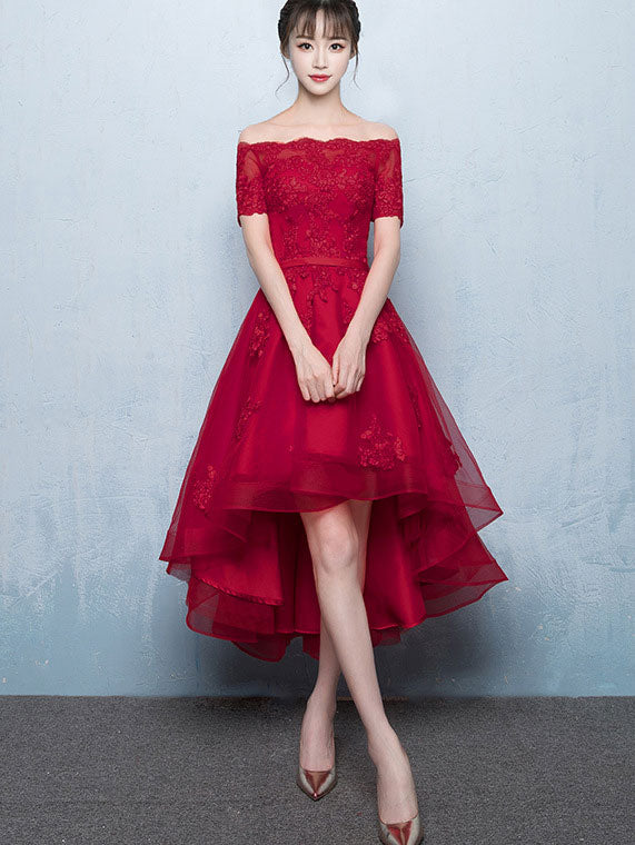 White Red Off Shoulder Party Dress with High Low Hem