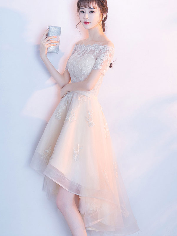 White Red Off Shoulder Party Dress with High Low Hem