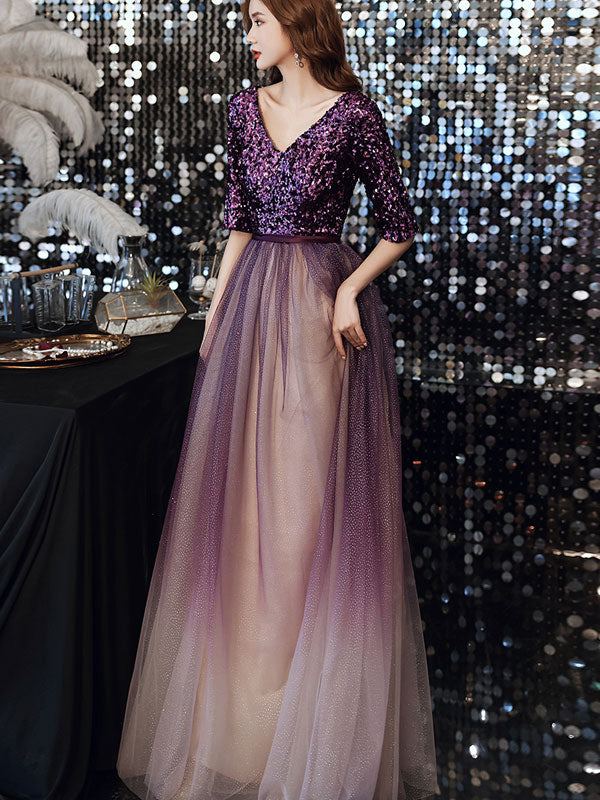 Purple Sequined Tulle V-nack Full Length Prom Dress