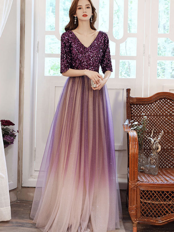 Purple Sequined Tulle V-nack Full Length Prom Dress