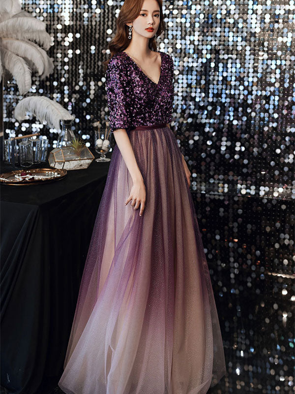 Purple Sequined Tulle V-nack Full Length Prom Dress