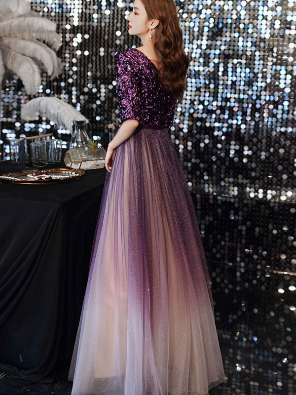 Purple Sequined Tulle V-nack Full Length Prom Dress