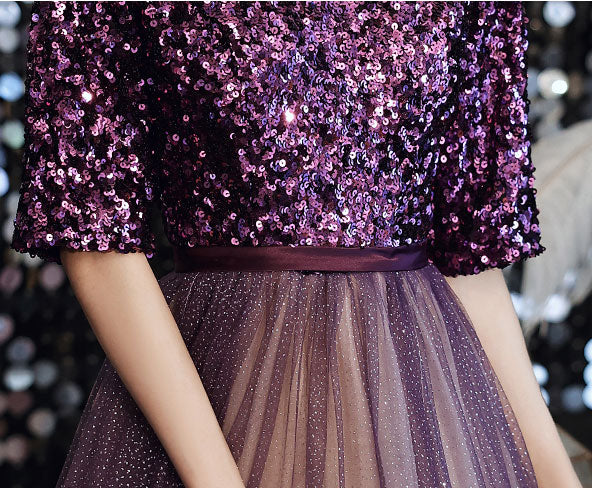 Purple Sequined Tulle V-nack Full Length Prom Dress