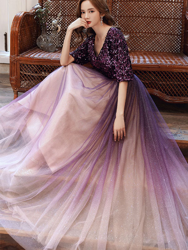 Purple Sequined Tulle V-nack Full Length Prom Dress
