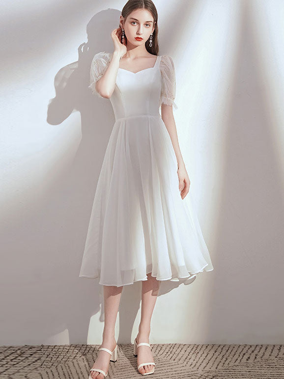 White Red A-Line Puff Sleeve Party Dress