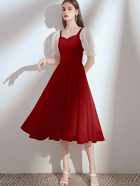 White Red A-Line Puff Sleeve Party Dress