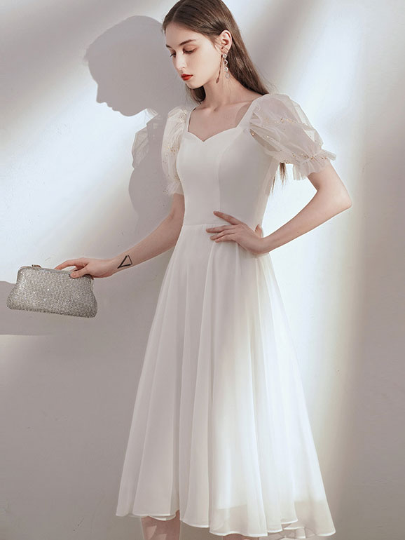 White Red A-Line Puff Sleeve Party Dress