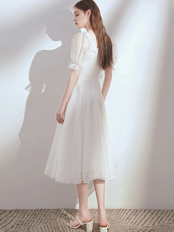 White Red A-Line Puff Sleeve Party Dress