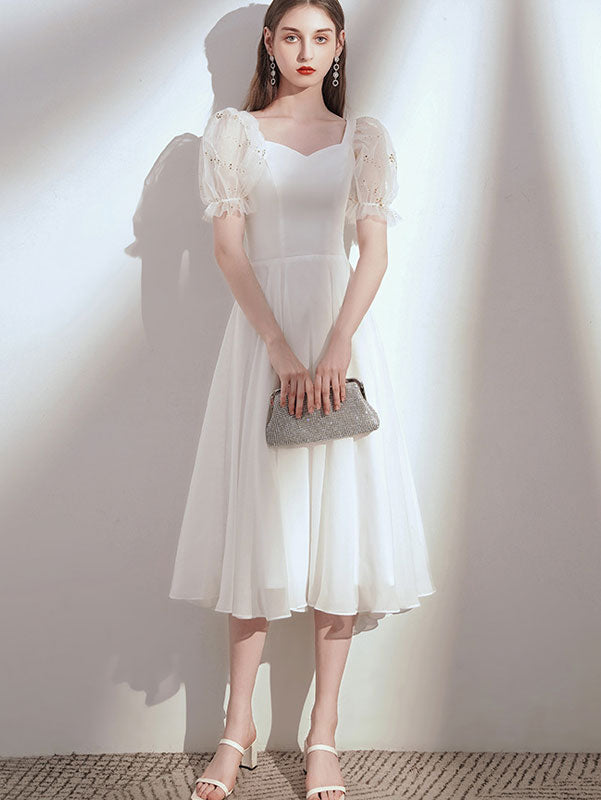 White Red A-Line Puff Sleeve Party Dress