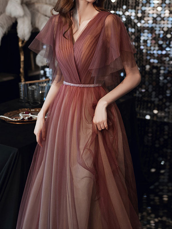 Burgundy Flutter Sleeve Fit & Flare Tulle Prom Dress