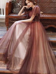 Burgundy Flutter Sleeve Fit & Flare Tulle Prom Dress