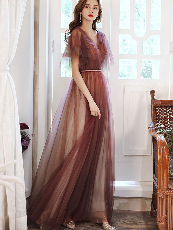 Burgundy Flutter Sleeve Fit & Flare Tulle Prom Dress