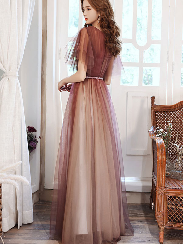 Burgundy Flutter Sleeve Fit & Flare Tulle Prom Dress