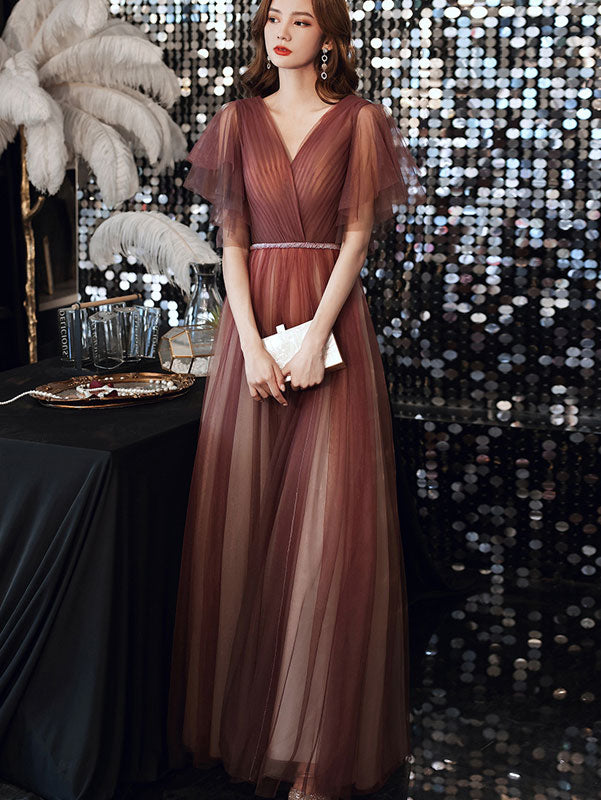 Burgundy Flutter Sleeve Fit & Flare Tulle Prom Dress
