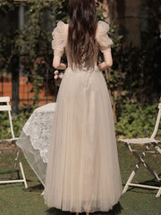 Beige Bridesmaids A-Line Tulle Wedding Evening Dress