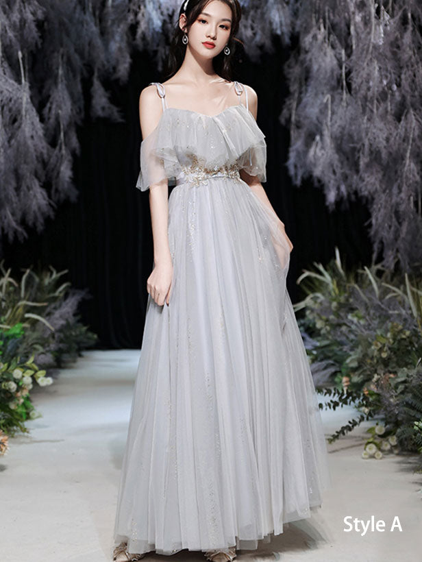 Gray Bridesmaids A-Line Shimmery Tulle Wedding Evening Dress