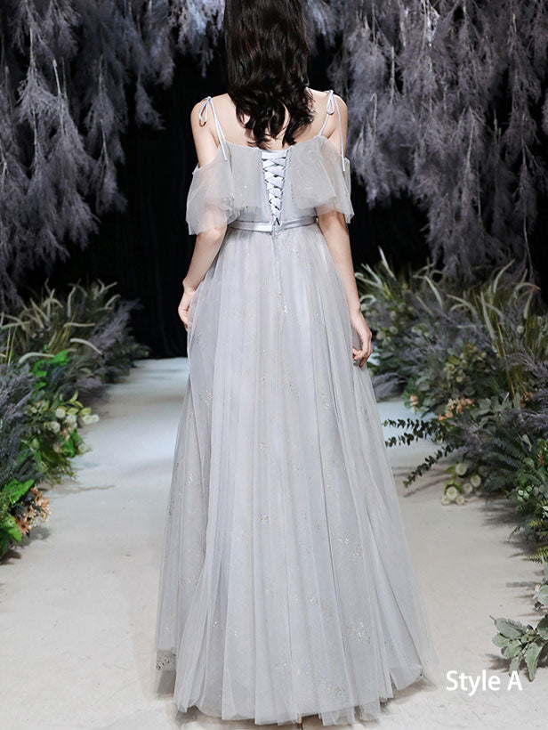 Gray Bridesmaids A-Line Shimmery Tulle Wedding Evening Dress
